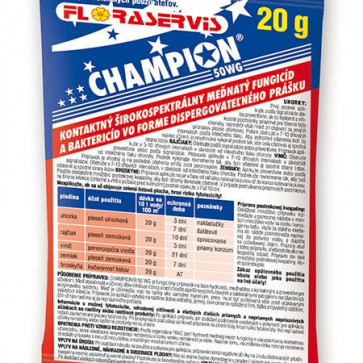 Champion 50 WG 20g - postrekový  kontaktný  fungicídny  prípravok určený  na  ochranu rajčiaka,  uhorky, chmeľu, viniča, zemiaka  a broskyne proti hubovým chorobám.